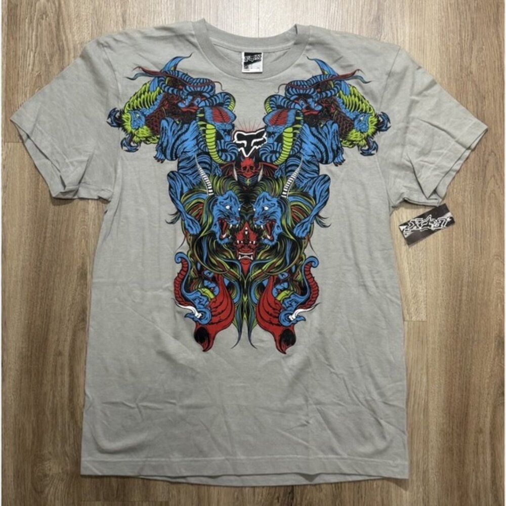Y2K Fox Racing Dragon Lion Elephant Gray T Shirt Size L